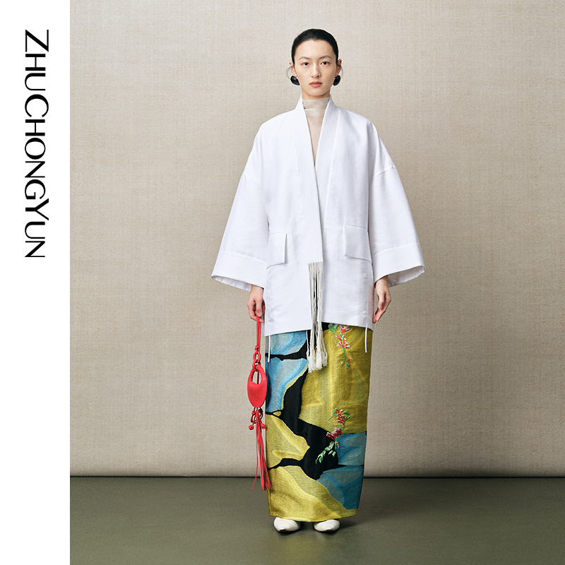 ZHUCHONGYUN2025夏新款白色斜门襟流苏中式宽松廓形外套C1FZ23328