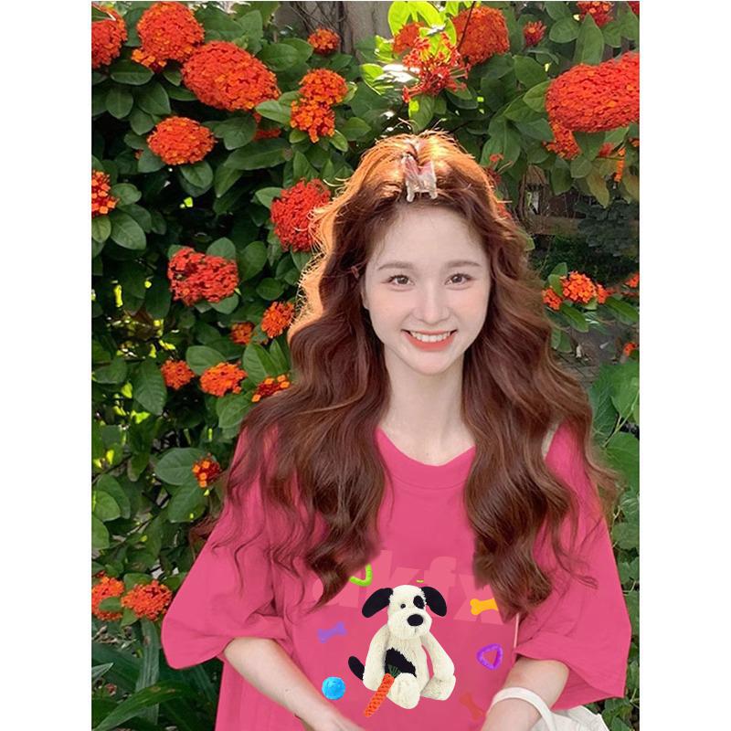 多巴胺火龙果色大版t恤女2025新款oversize美式复古宽松休闲短袖