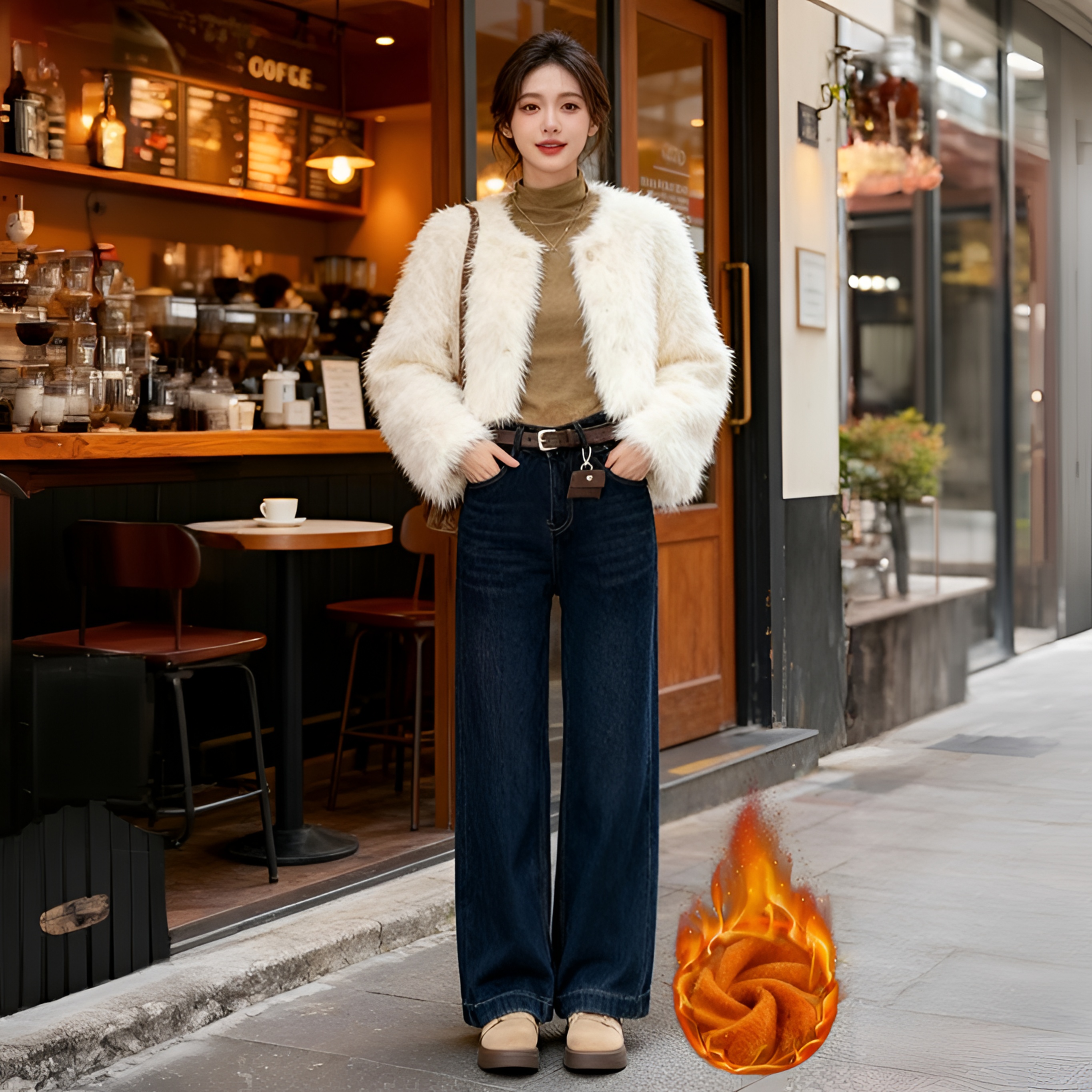 0383高腰直筒裤裤子长裤微弹外穿水洗加绒加厚显瘦女直筒牛仔裤