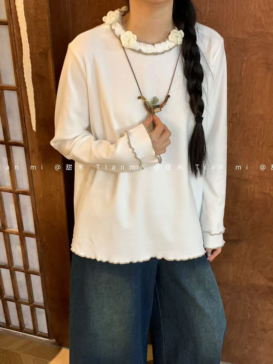 TM#7206#立体小花打底花边长袖上衣 X