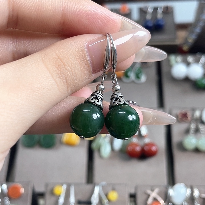 和田玉银S925镶嵌耳饰12左右