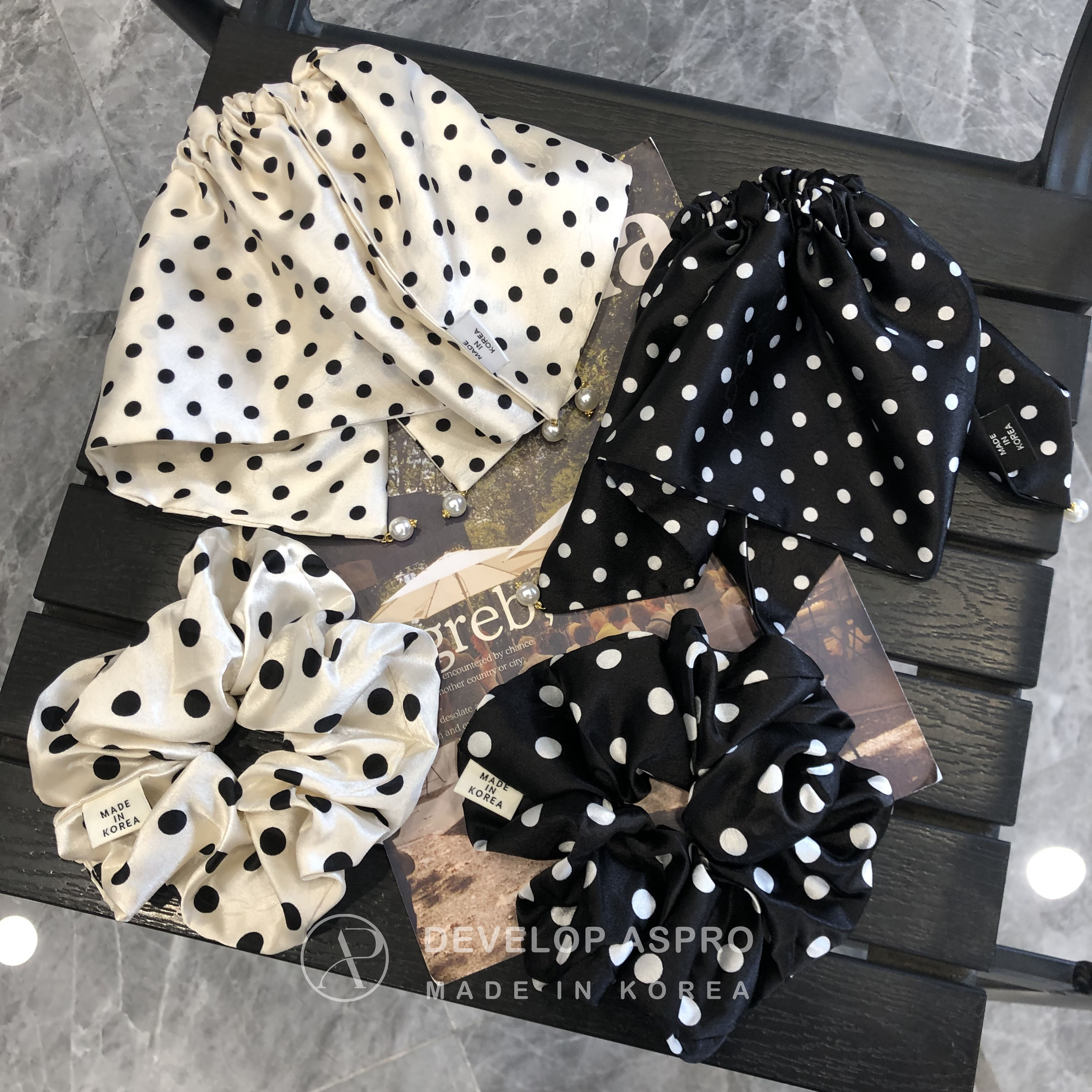 【现货】【ASPRO醋酸】韩国新款正品爆款减龄洋气波点大肠发圈E55