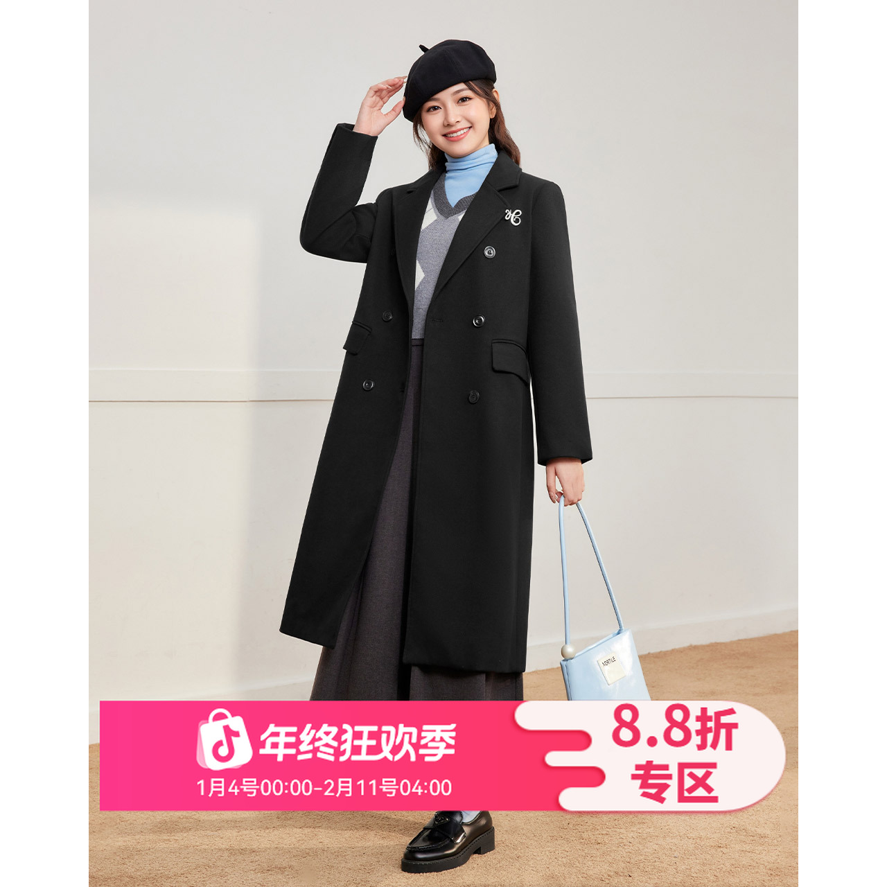 IEF/爱依服【微胖】大码女装2025冬季新款法式英伦风呢绒长外套