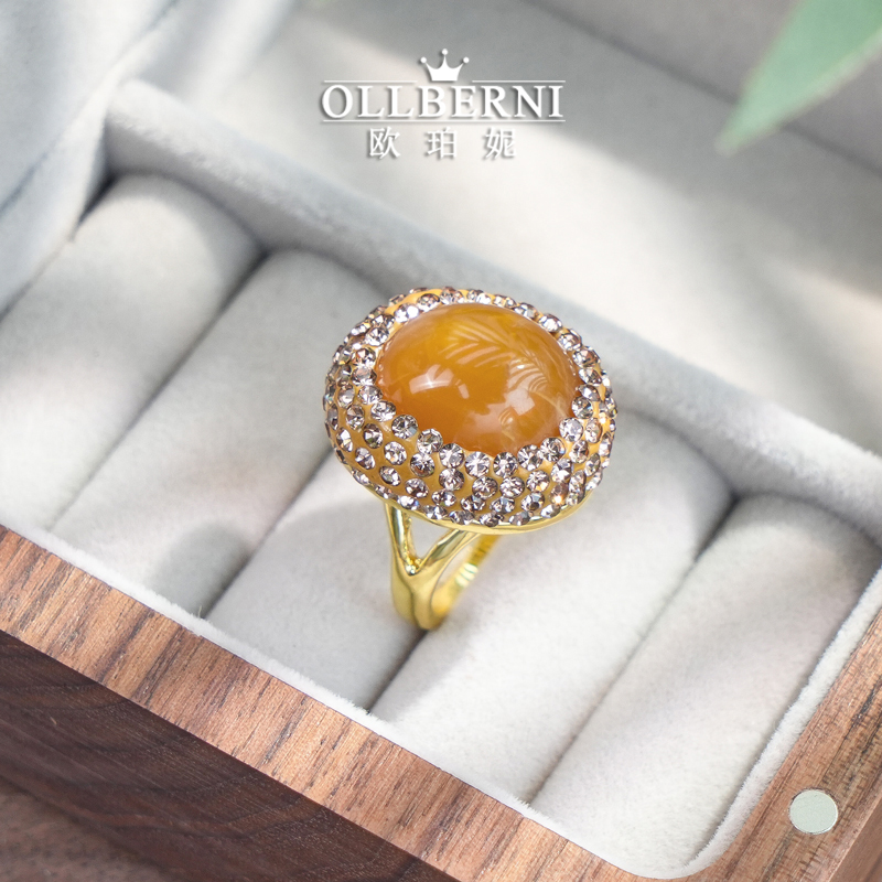 铜合金戒指 气质轻奢时尚百搭复古黄色指环满钻金色镶嵌戒子1022