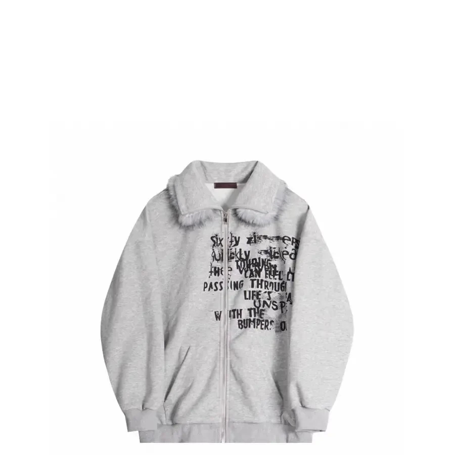 冰淇淋-美式街头可拆卸毛领字母印花立领宽松卫衣外套