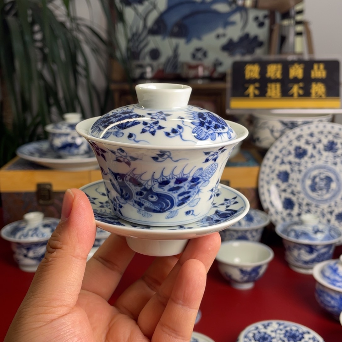 青花仿明桃花鳜鱼三才盖碗