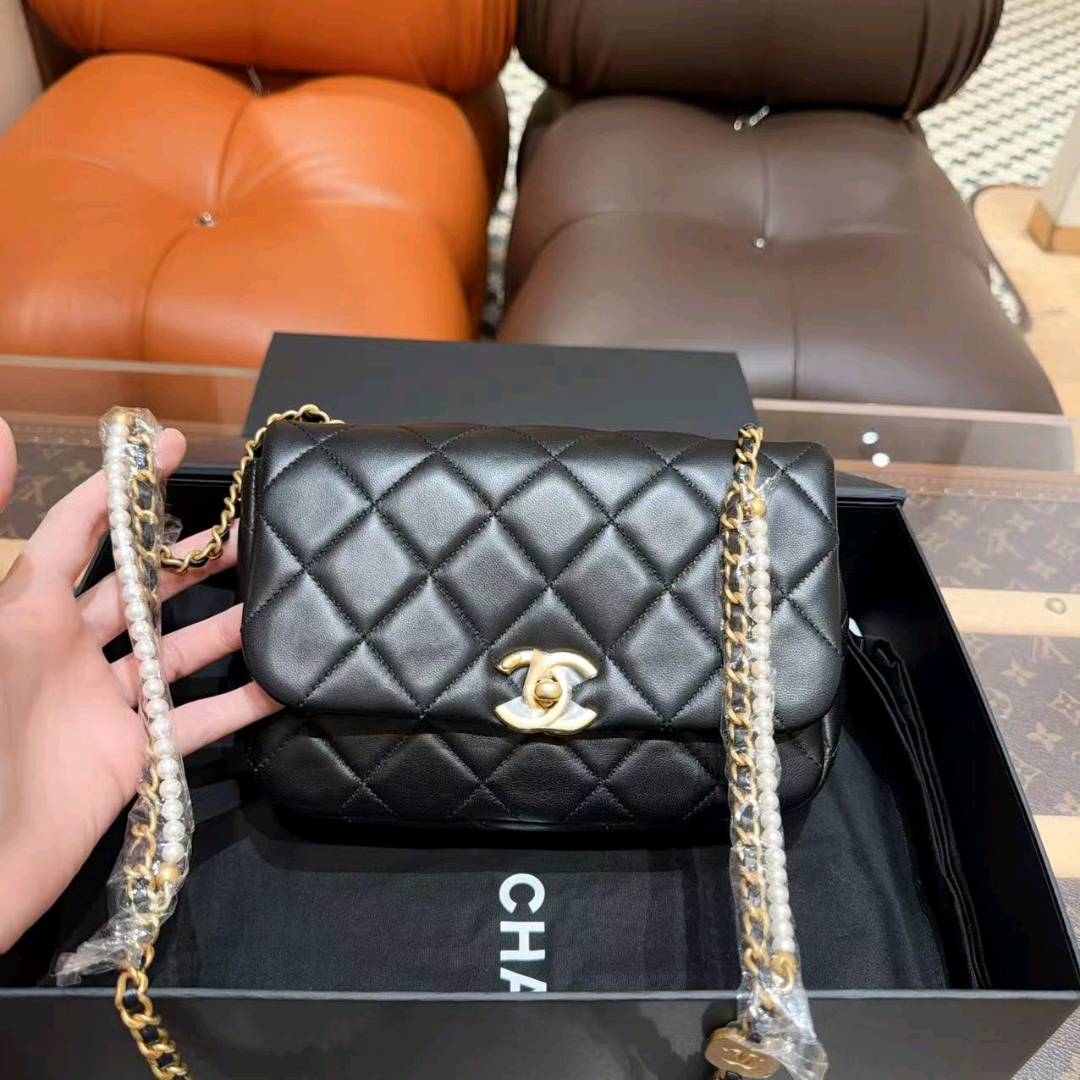 99新 Chanel/香奈儿 25p黑金珍珠链条大mini 单肩斜挎链条包，芯