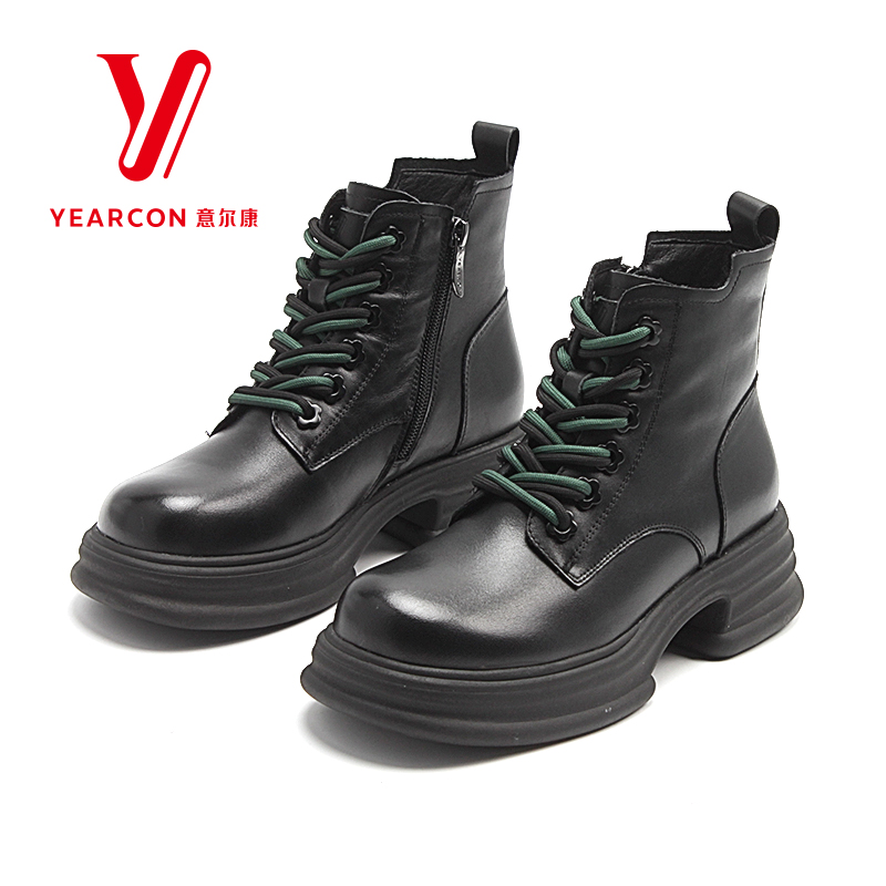 意尔康女鞋加绒马丁靴女冬季新款真皮舒适短筒棉靴子484332