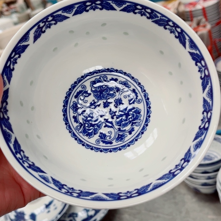  青花玲珑6寸小面碗牡丹花
