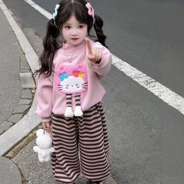 女童秋冬加绒套装洋气女宝宝卡通保暖卫衣条纹一体绒裤子两件套