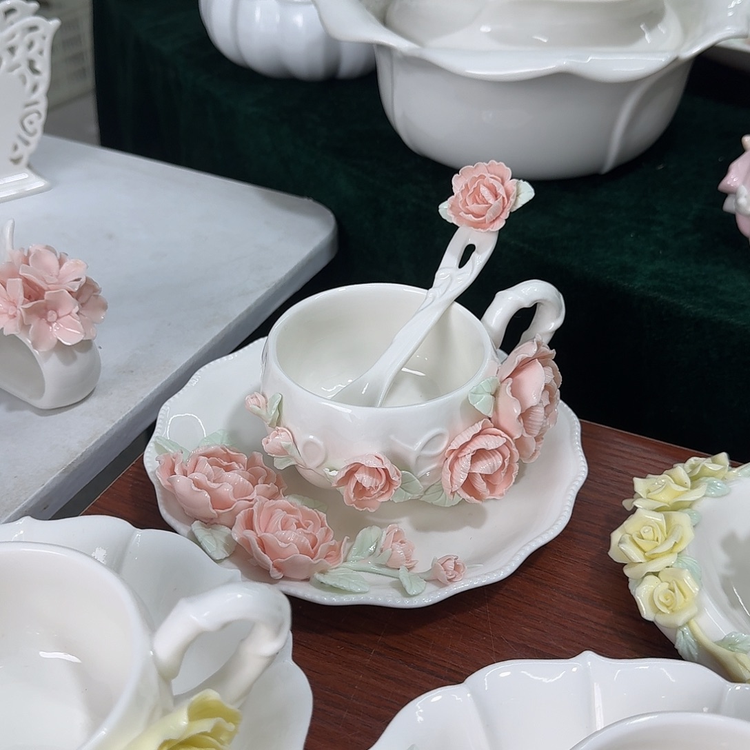 手工捏花牡丹花咖啡杯碟加勺子