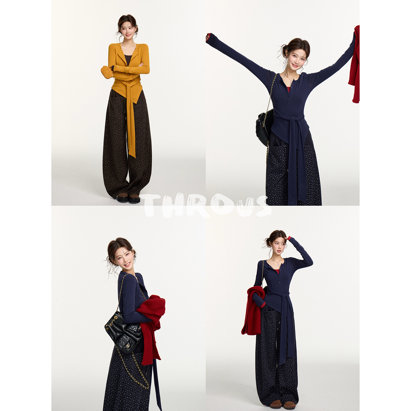 谢不肉 假两件绑带亨利领长袖T恤女冬季不规则百搭打底上衣51130