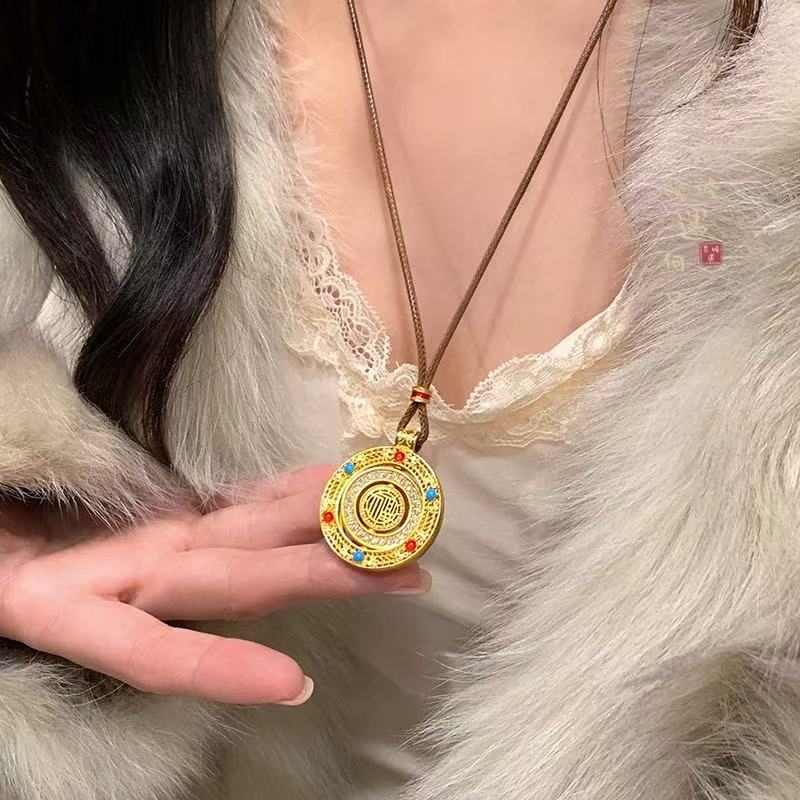 铜合金珐琅吊坠 黄金色古法花丝八宝罗盘吊坠 时来运转