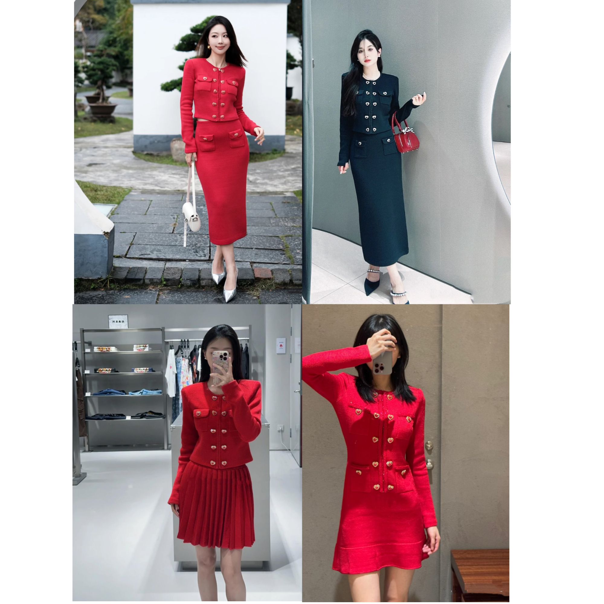 （雯雯家）秋冬新款小香爱心扣子红色千金风气质长袖套装