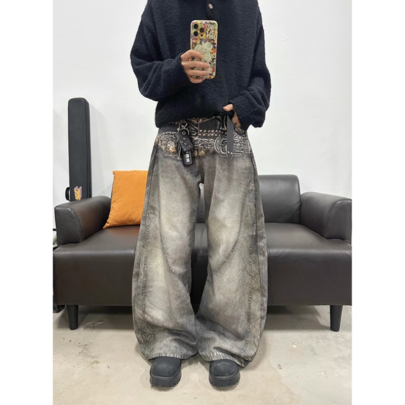 美式复古设计感腰带印花牛仔裤男女朋克风宽松显瘦阔腿裤拖地长裤