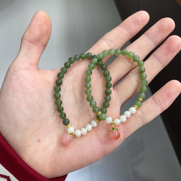 天然和田玉碧玉手串约5-6mm带天然纹理结构多样性发其一xy