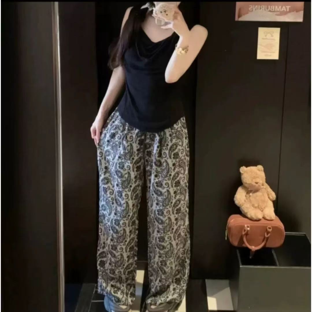 格调美美【实体品质】夏季显瘦印花气质宽松欧式阔腿裤休闲裤