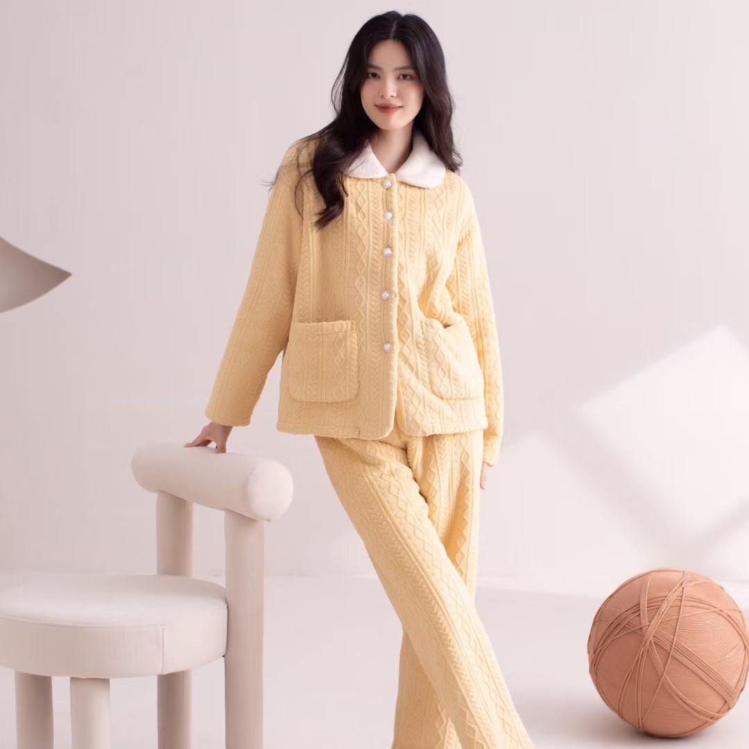 安杜拉秋冬翻领系扣长袖女士暖绒家居服睡衣套装断码清