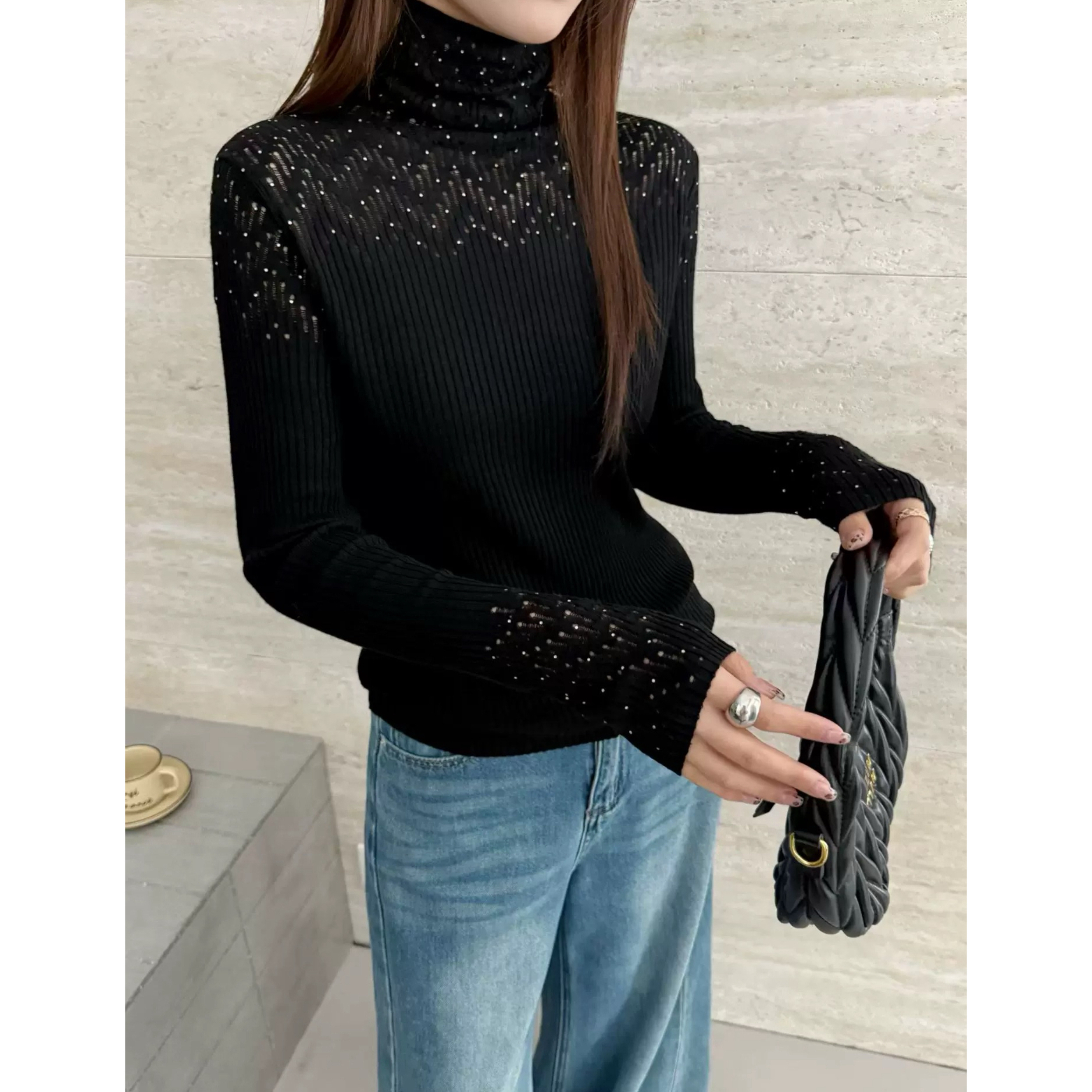 MGN冬新款女【满天星烫钻】韩版修身百搭软糯高领针织打底毛衣