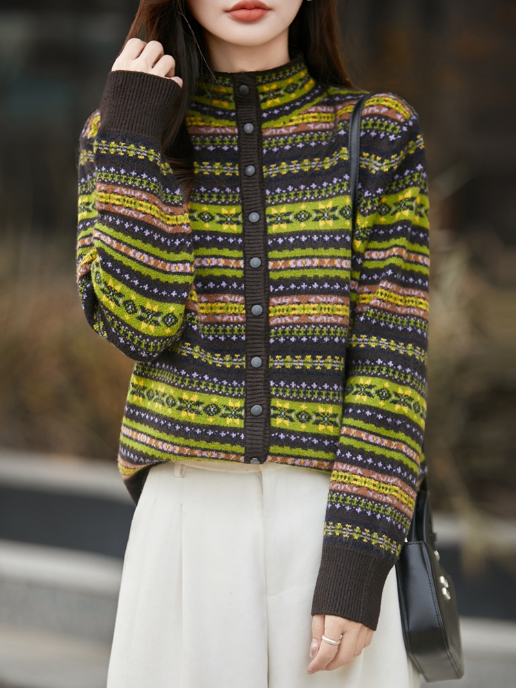 复古时髦费尔岛提花立领羊毛针织衫女毛衣开衫软糯亲肤百搭外套