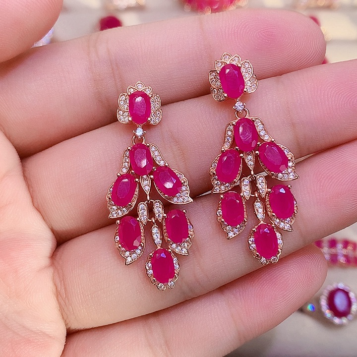 红宝石耳饰银S925镶嵌