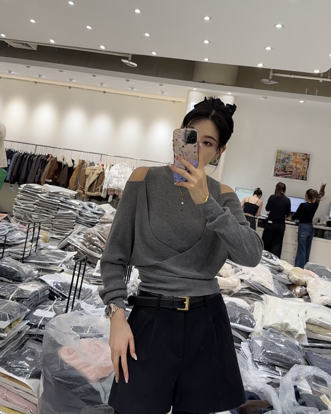 【ZHUOXIXI】高端长袖设计感露肩小毛衣-0338