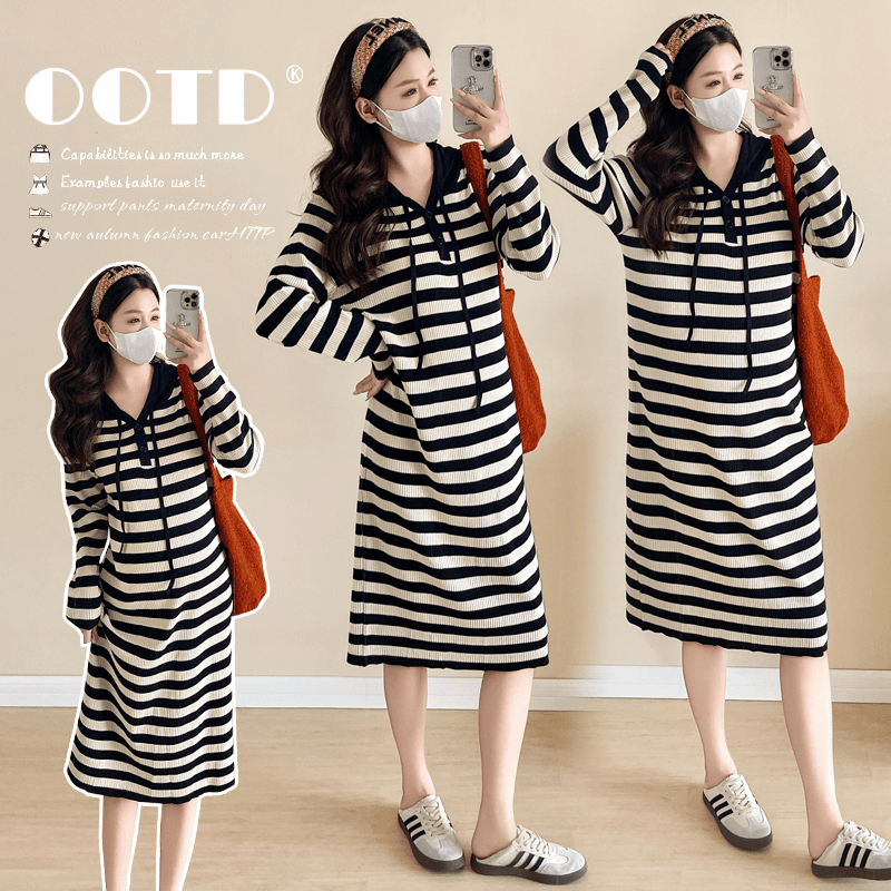 减龄复古法式慵懒风孕妇秋季连帽条纹针织连衣裙L