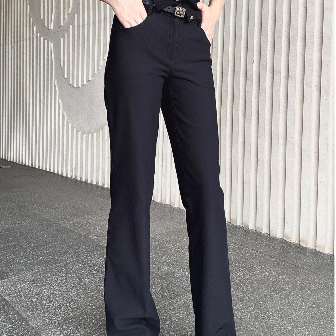 新款复古时尚直筒微喇百搭休闲气质黑色植绒高弹女士牛仔裤510011