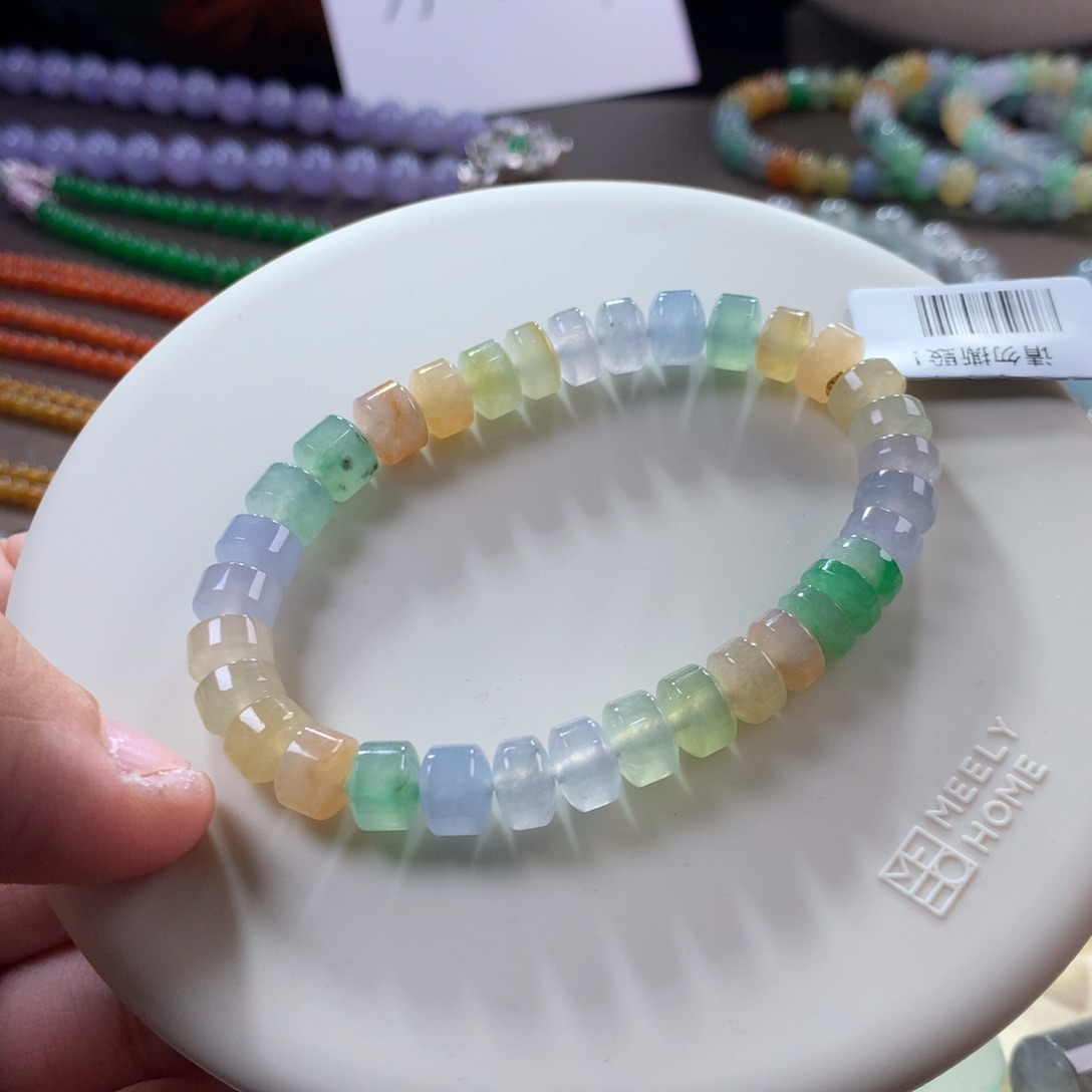 翡翠手链未镶嵌冰种幻彩马卡龙桶珠