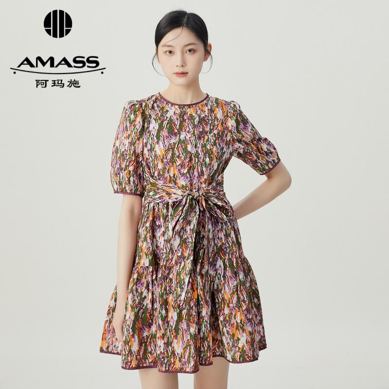 AMASS/阿玛施【商场同款】阿玛施新款花色黑白圆领连衣裙5500519