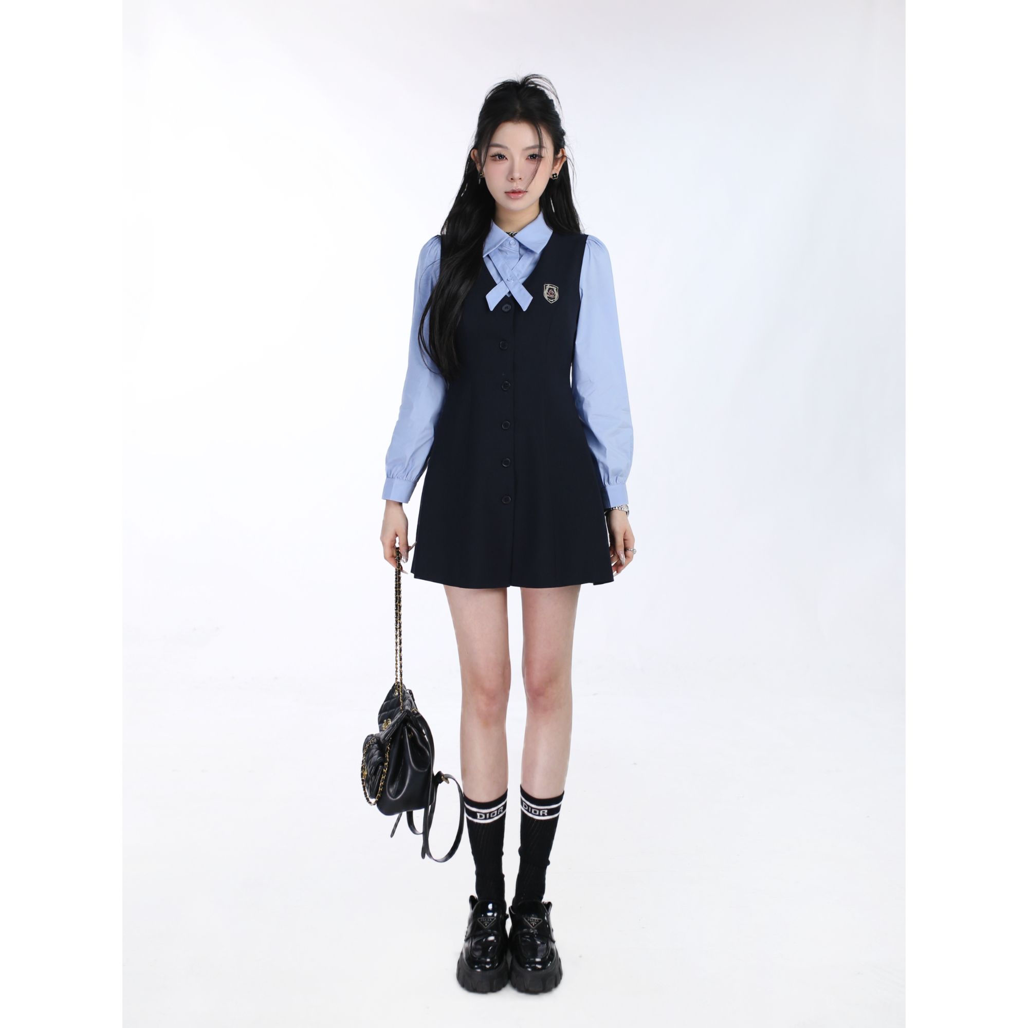 春装【蓝色恋人】西装假两件拼接撞色POLO领刺绣长袖显瘦女连衣裙