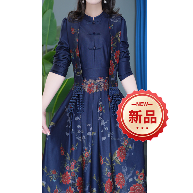 修身长袖气质显瘦时尚蓝色复古收腰优雅连衣裙