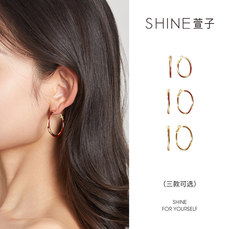 金红双色麻花大耳圈 秋冬吸睛氛围感耳饰
