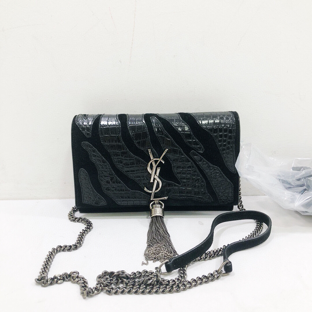 95新 YSL/圣罗兰 圣罗兰黑银kate鳄压拼皮链条单肩斜挎包