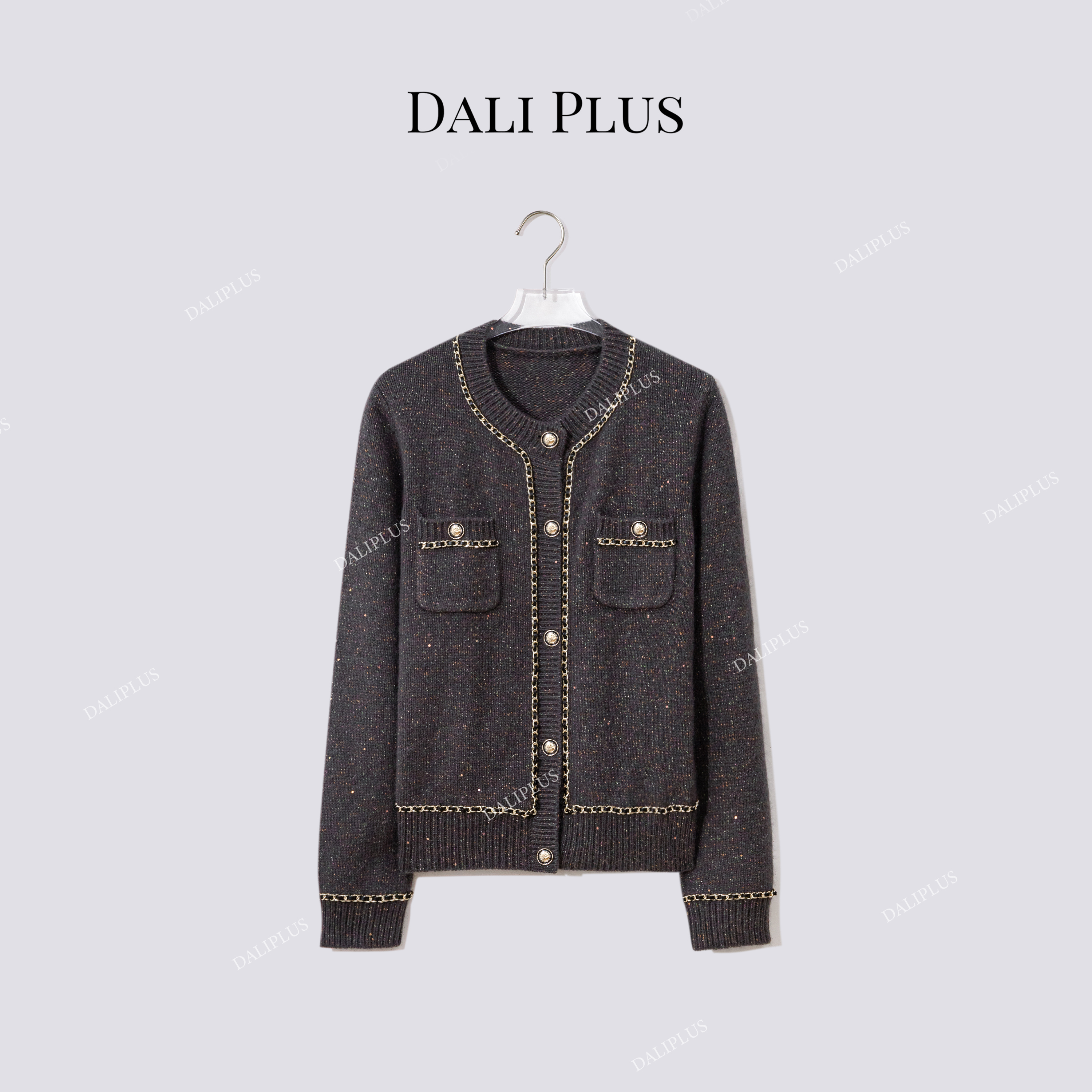 DALI PLUS“灰紫彩点链条小香风针织“羊毛兔毛混纺开衫-D5CH5284