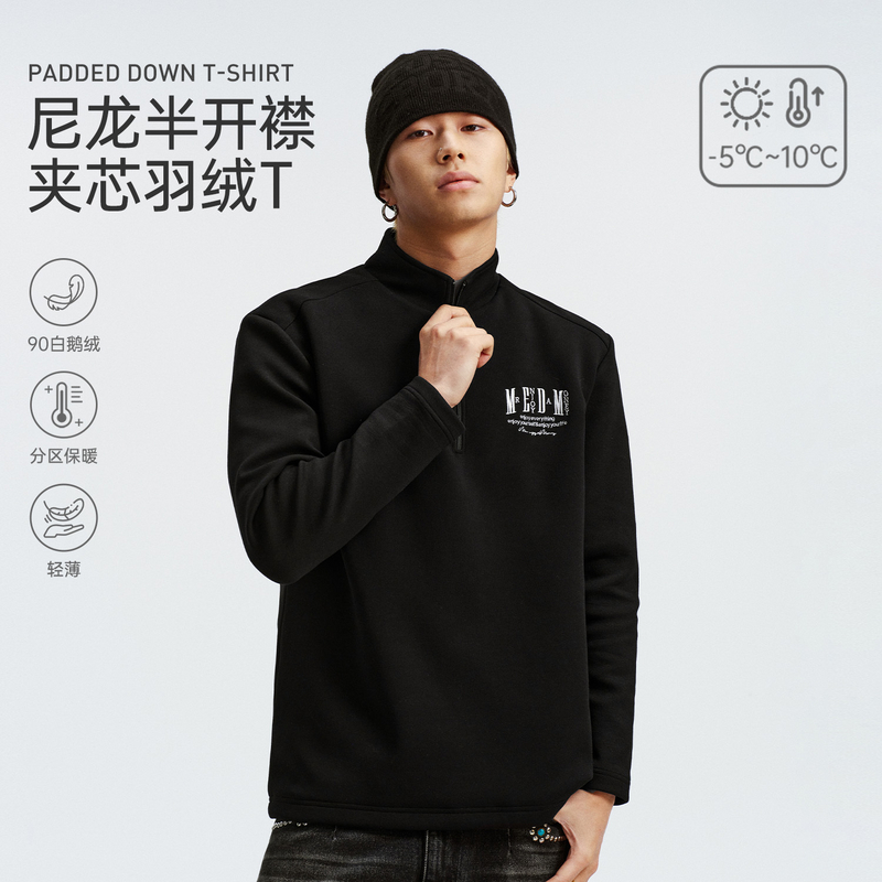 MEDM 尼龙半开襟夹芯保暖休闲长袖羽绒T恤刺绣字母百搭情侣上衣冬