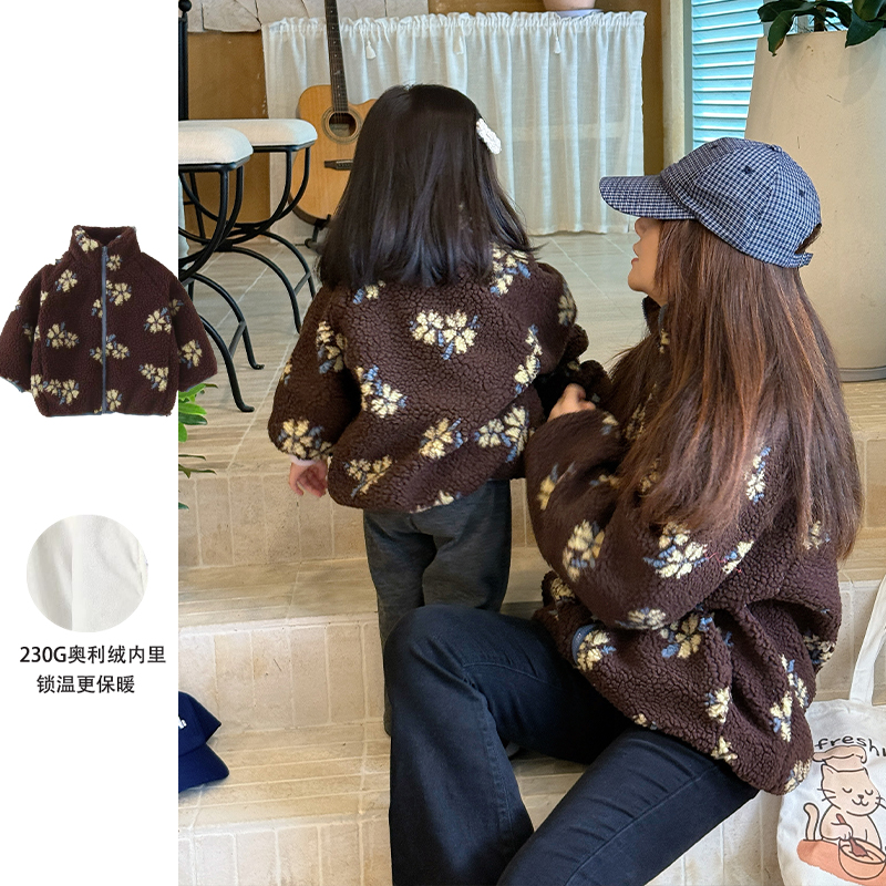 可爱风亲子外套秋冬装提花卫衣普通外套秋冬加绒时尚男女宝宝同款
