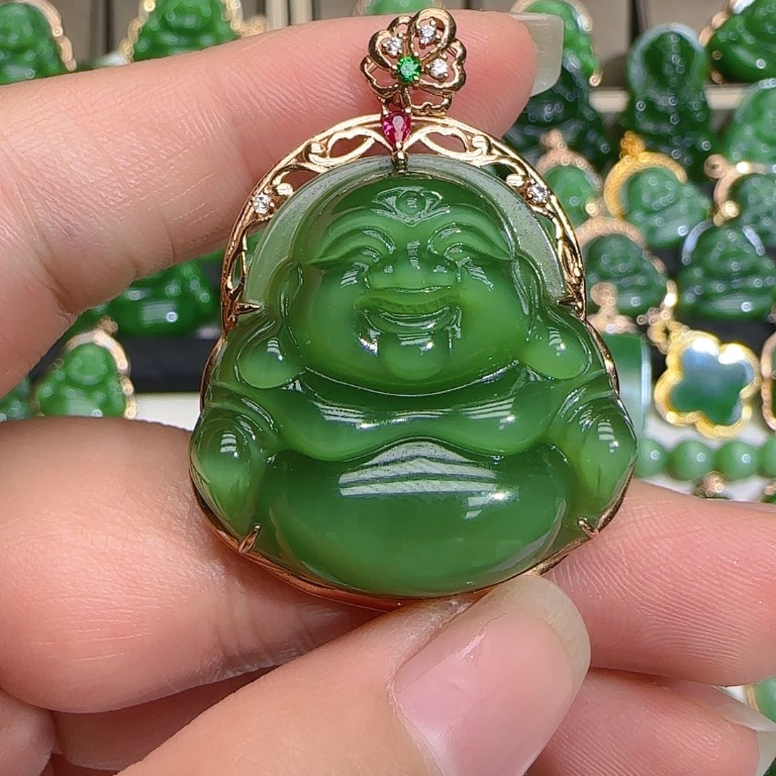 和田玉（碧玉）吊坠(不含链)18K金镶嵌