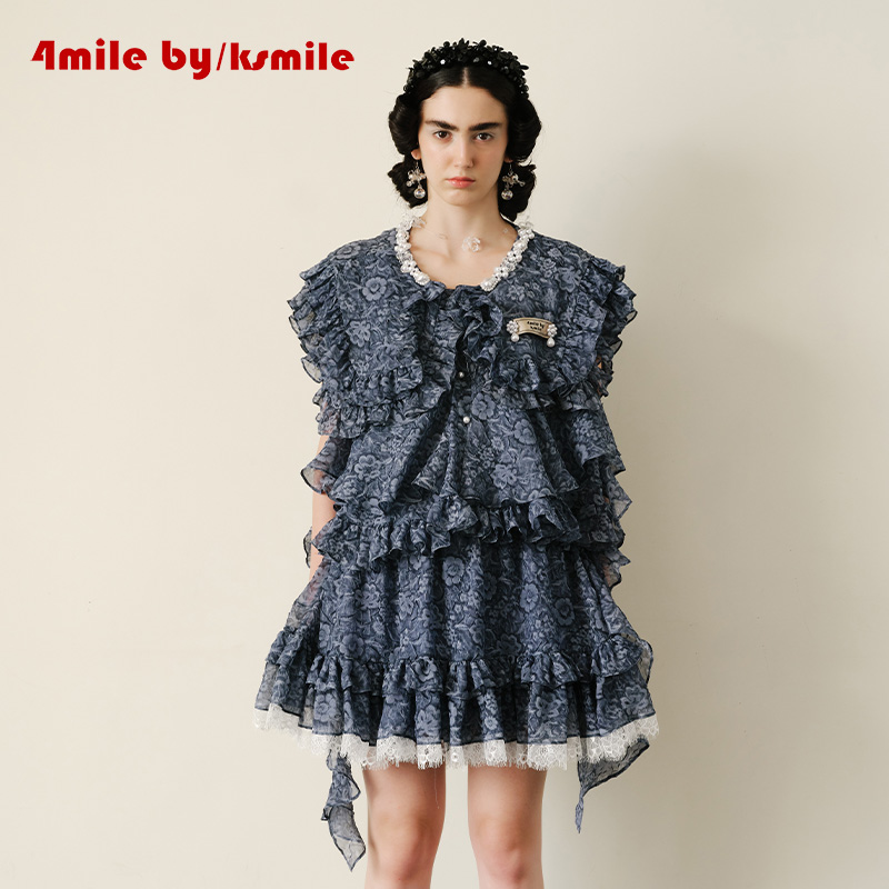 4MILE BY KSMILE | 艺术画集藏青色雪纺花边大翻领衬衫半身裙套装