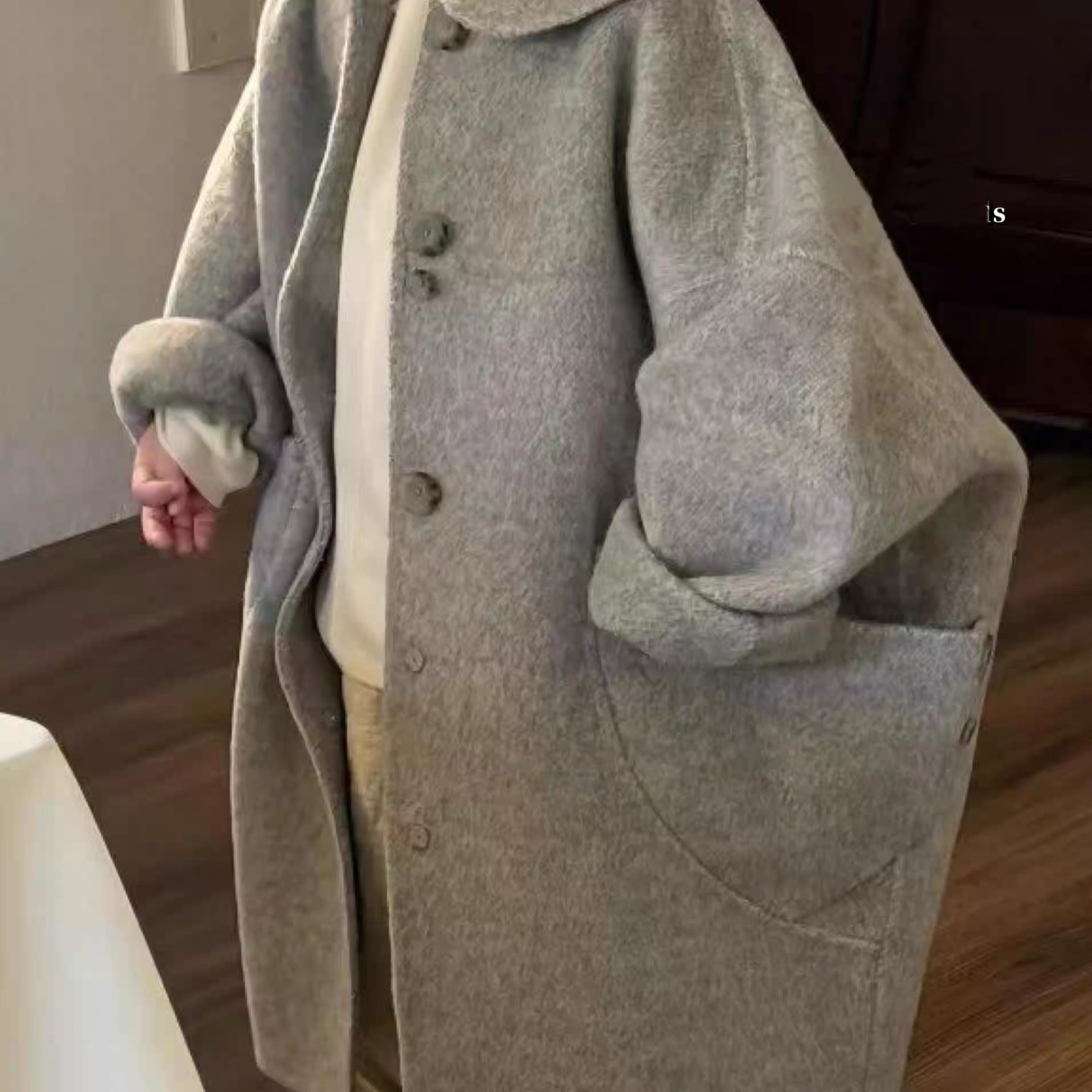 新款韩系风女童秋冬中长款灰色翻领娃娃领毛呢大衣