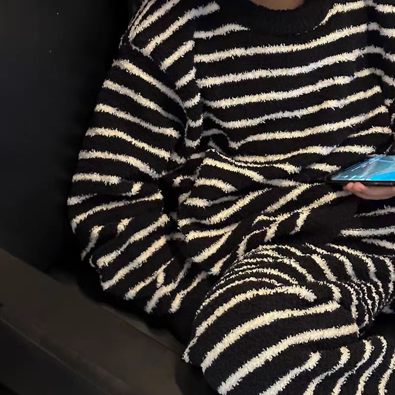 儿童睡衣套装家居服秋冬款保暖中大童洋气条纹睡衣加绒加厚两件套