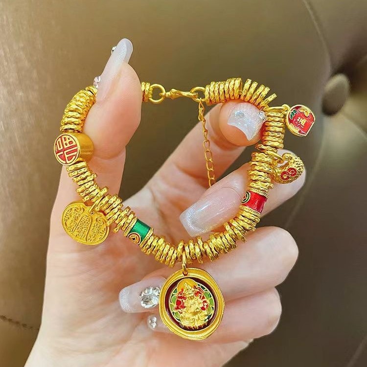 铜合金手链 新款精工古法黄财财盘缠手链 五路财财小胖福国风手链