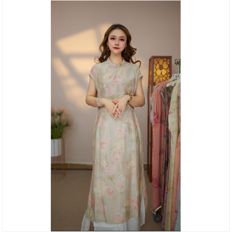 玺麻【花影叠叠】月亮袖116新款夏季女装连衣裙新中式气质百搭显瘦
