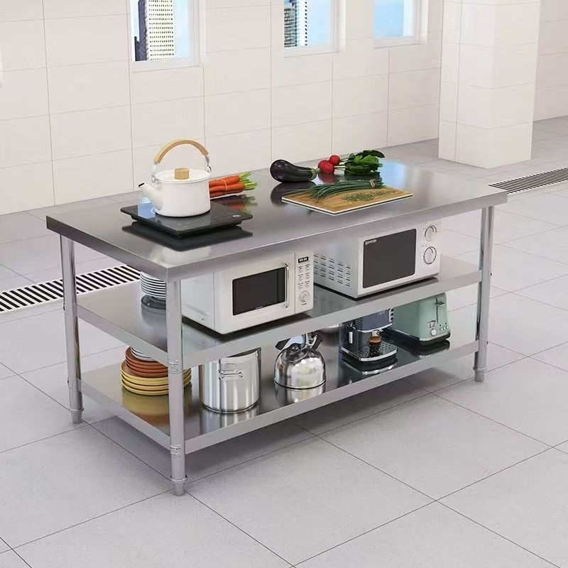 加厚不锈钢工作台双三层操作台厨房切菜工作桌饭店条形桌子工作台