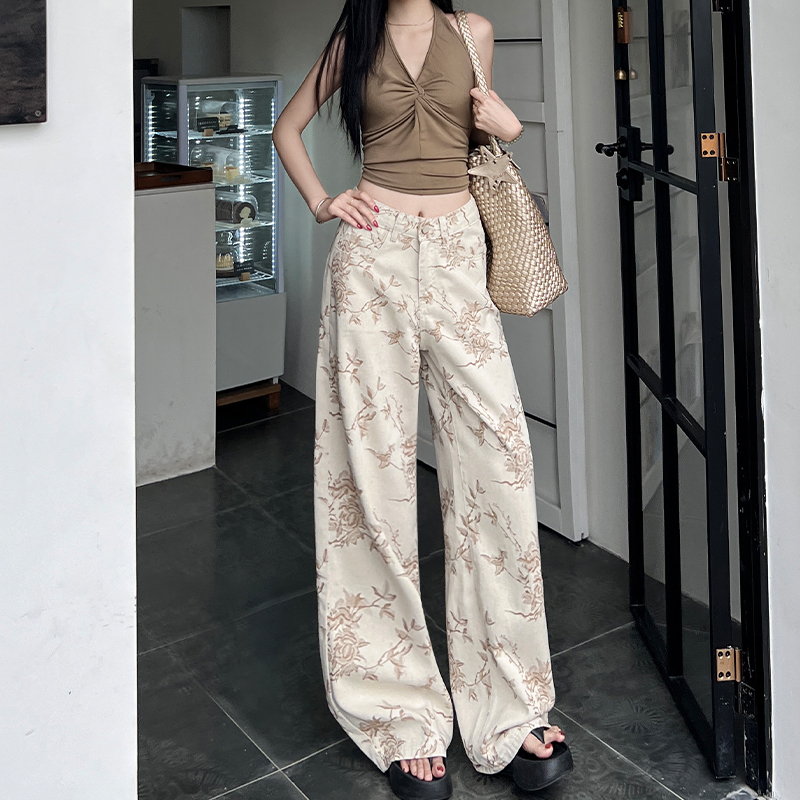 莫兰迪灰扎染印花阔腿牛仔裤女2025夏季薄款高腰小个子直筒拖地裤