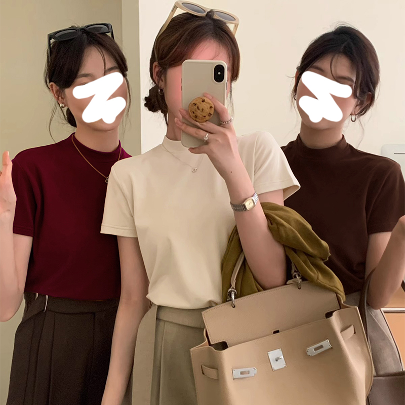 半高领纯色短袖t恤女夏季2025新款修身纯色百搭半袖韩版内搭上衣