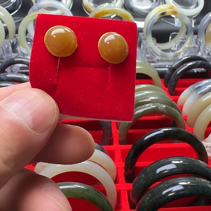 和田玉银S925镀金镶嵌耳饰