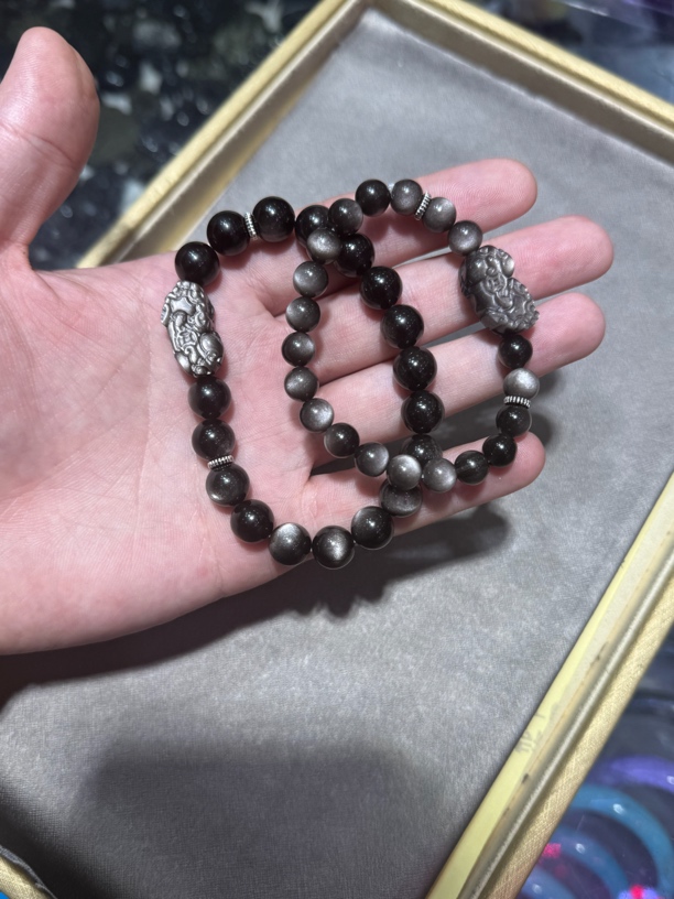 天然银曜石情侣款貔貅手串（拍一发一）