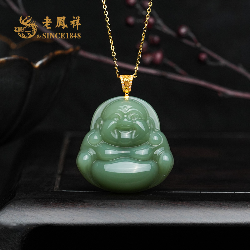 老鳯祥18K金镶碧玉佛公吊坠 项坠 佛引福来 多样性发一件 D11983