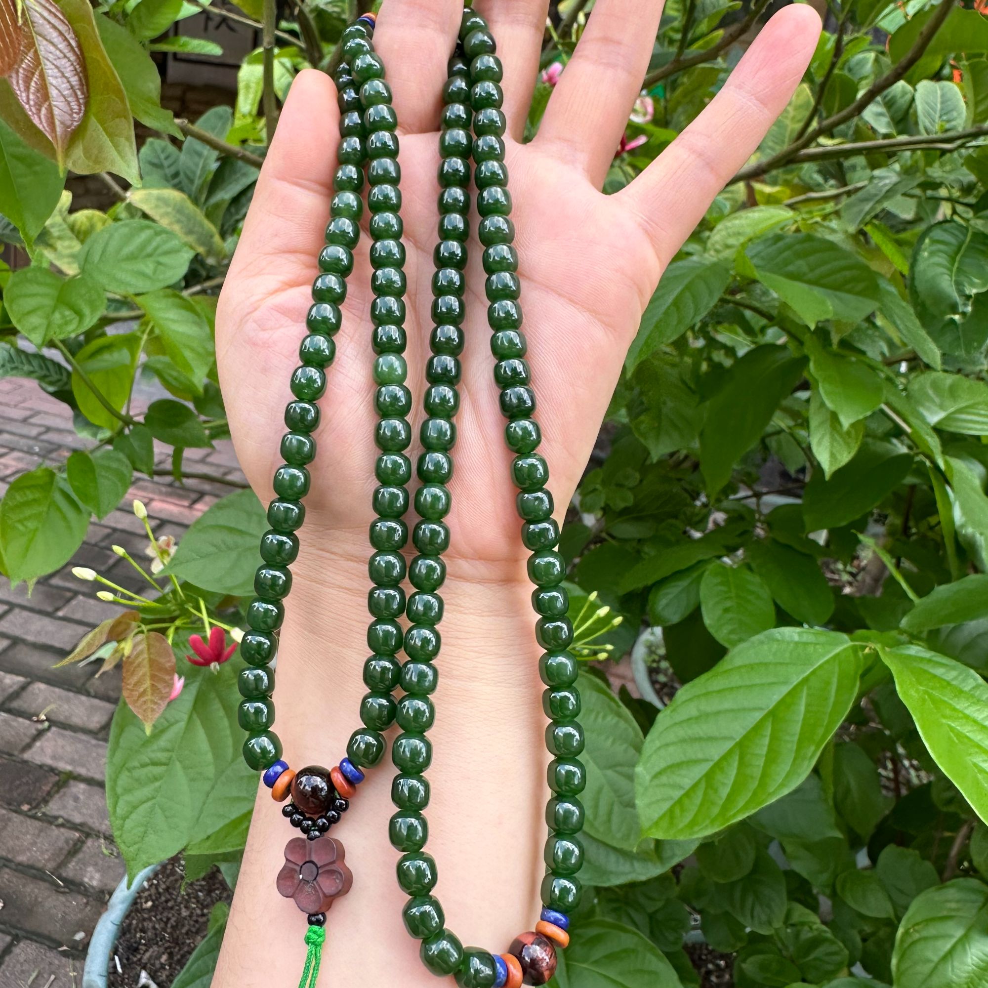 和田玉七号矿老型珠108项链7mm手工珠